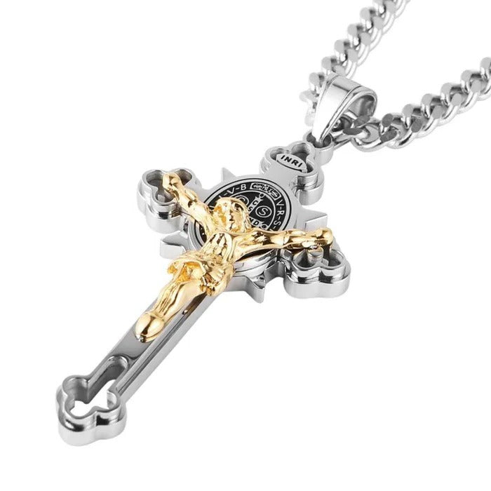 Celtic Cross Pendant Necklace, Double-Sided Engraved Medal with Metal Chain
