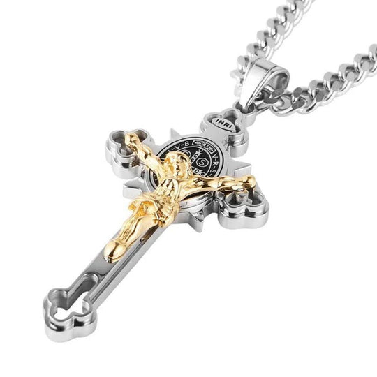 Celtic Cross Pendant Necklace, Double-Sided Engraved Medal with Metal Chain