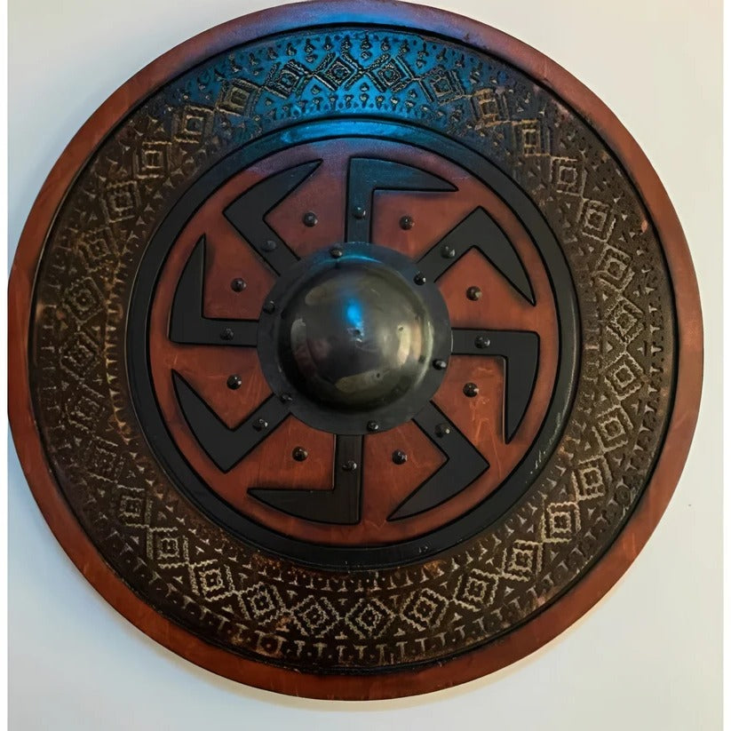 Medieval Style Wooden Round Shield with Multiple Design Patterns
