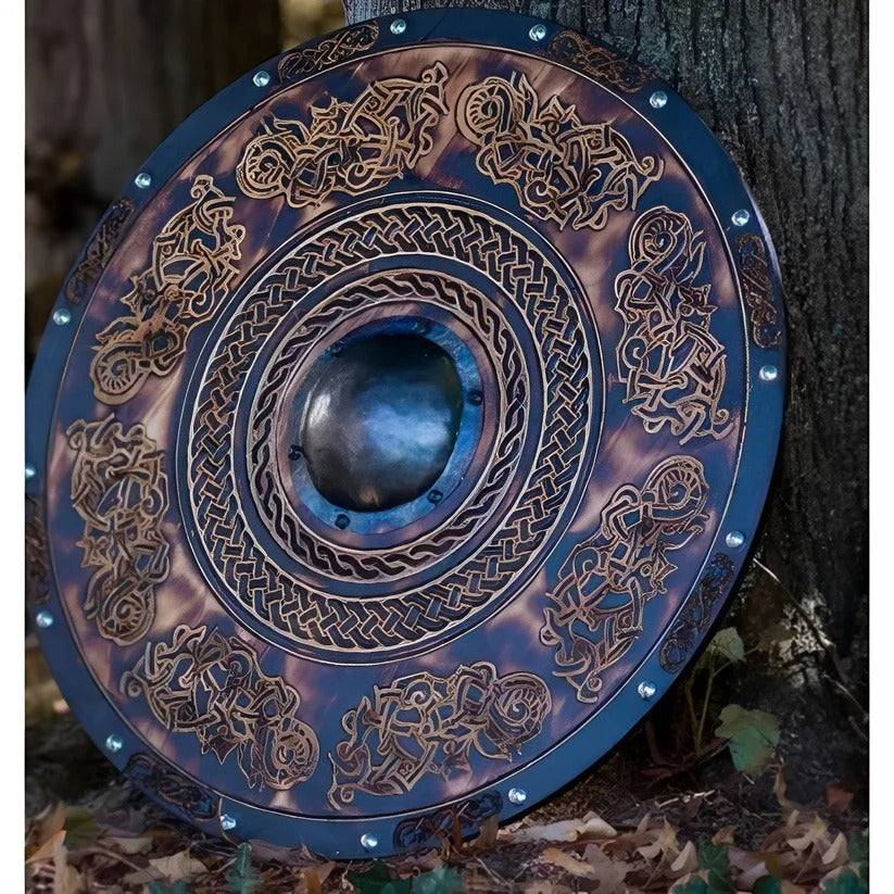 Medieval Style Wooden Round Shield with Multiple Design Patterns