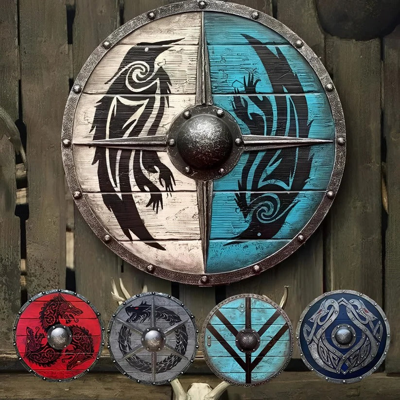 Medieval Style Wooden Round Shield with Multiple Design Patterns