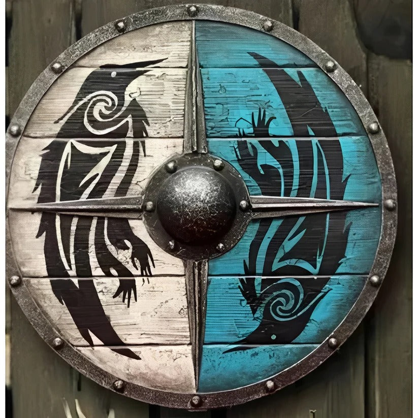 Medieval Style Wooden Round Shield with Multiple Design Patterns