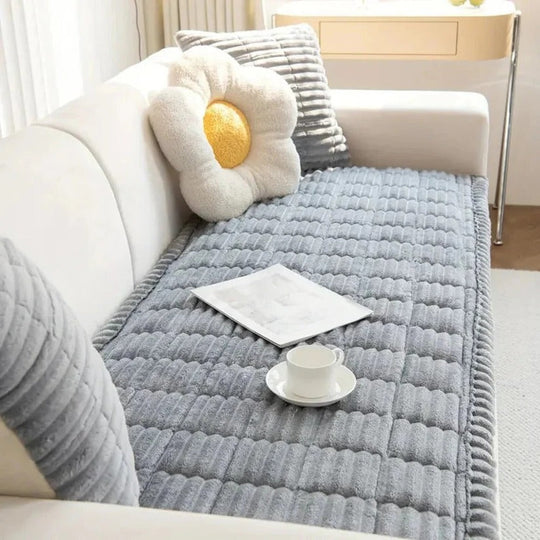 Plush Sofa Slipcover with Pleated Skirt Design