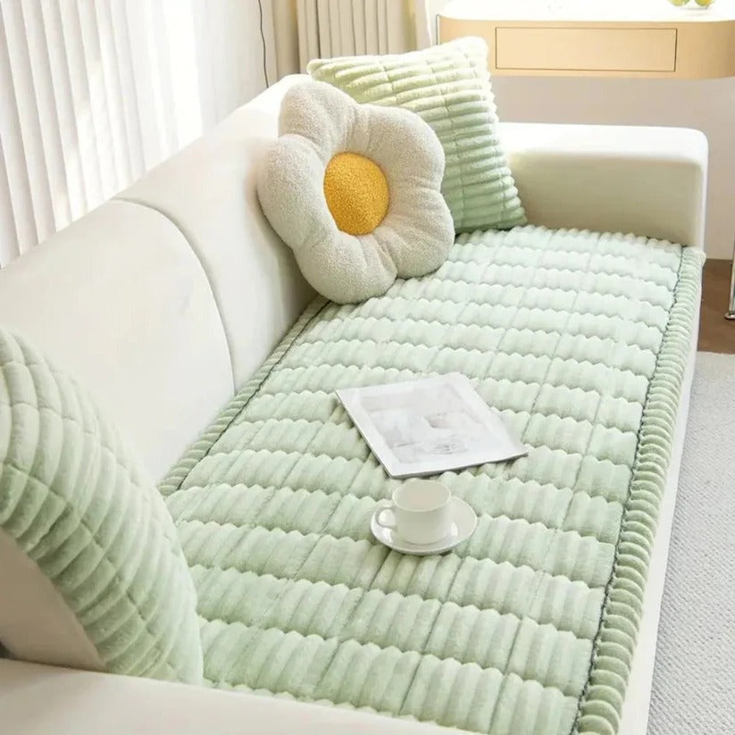 Plush Sofa Slipcover with Pleated Skirt Design
