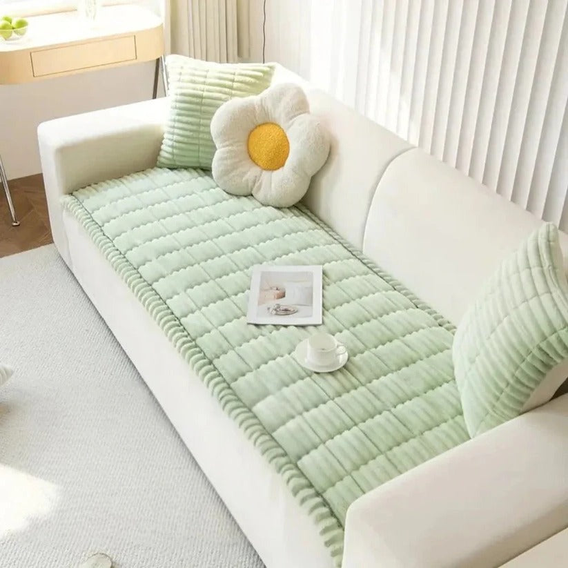 Plush Sofa Slipcover with Pleated Skirt Design