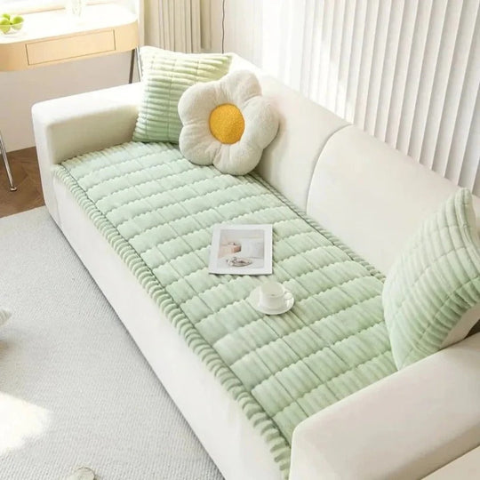 Plush Sofa Slipcover with Pleated Skirt Design