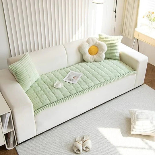 Plush Sofa Slipcover with Pleated Skirt Design