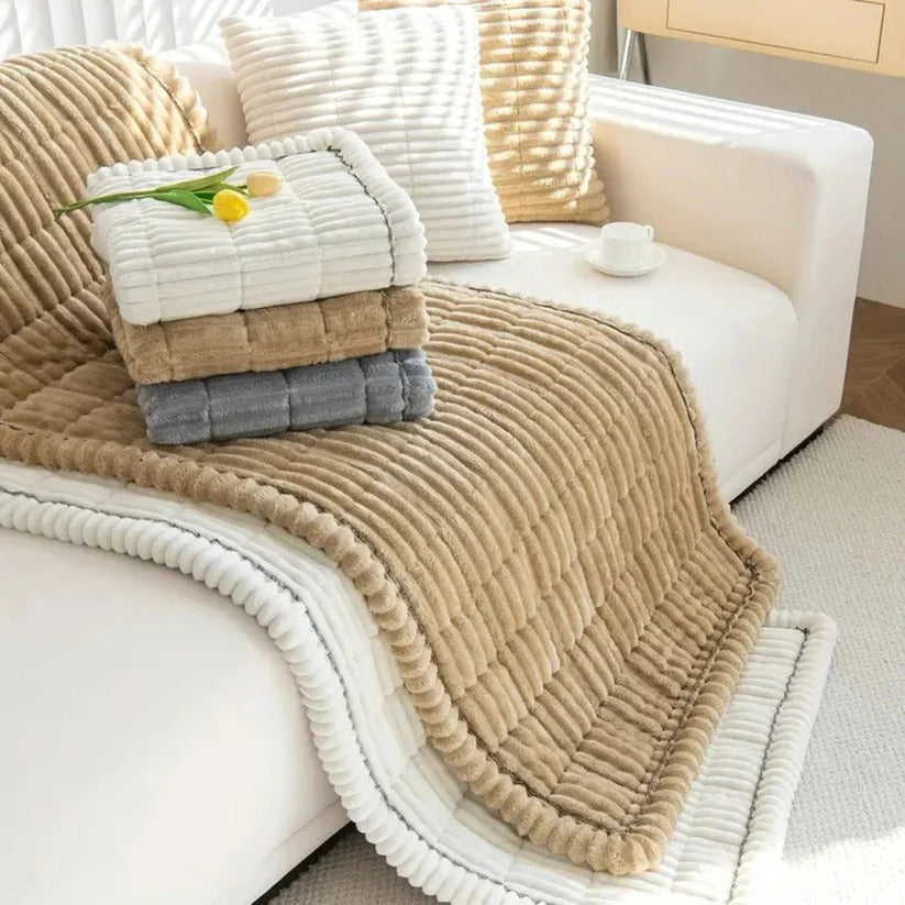 Plush Sofa Slipcover with Pleated Skirt Design