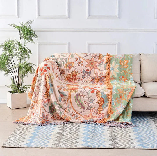 Boho Floral Cotton Blanket with Decorative Pattern