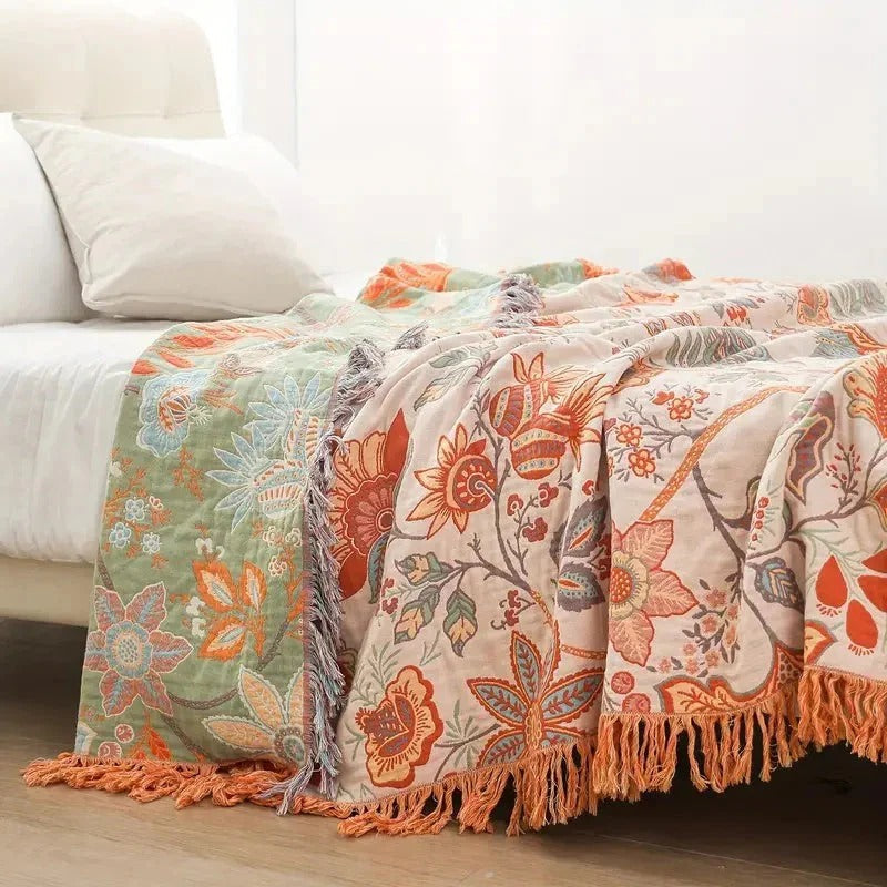 Boho Floral Cotton Blanket with Decorative Pattern