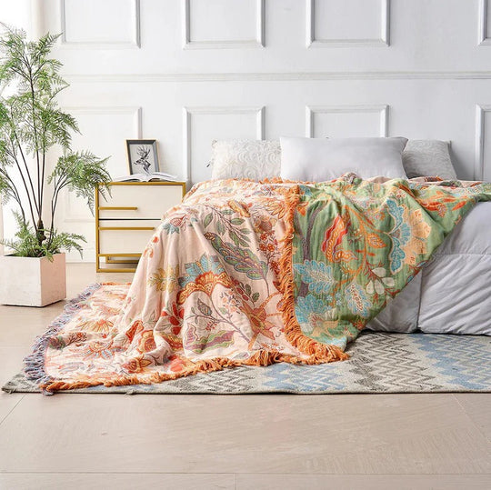 Boho Floral Cotton Blanket with Decorative Pattern