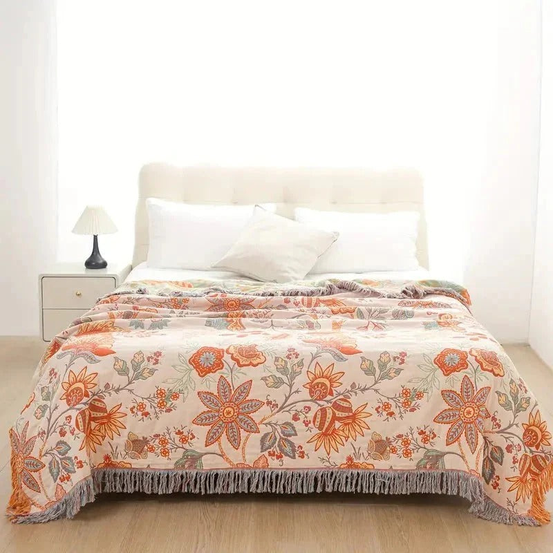 Boho Floral Cotton Blanket with Decorative Pattern