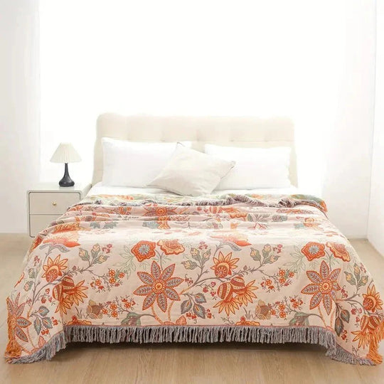 Boho Floral Cotton Blanket with Decorative Pattern