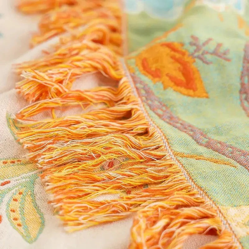 Boho Floral Cotton Blanket with Decorative Pattern