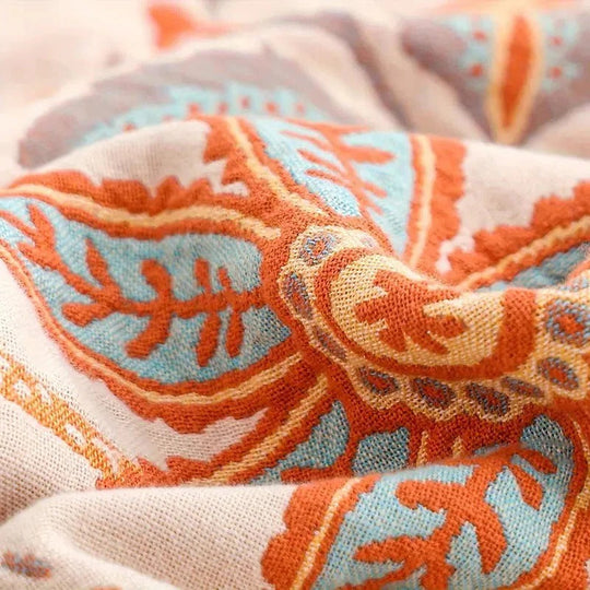 Boho Floral Cotton Blanket with Decorative Pattern