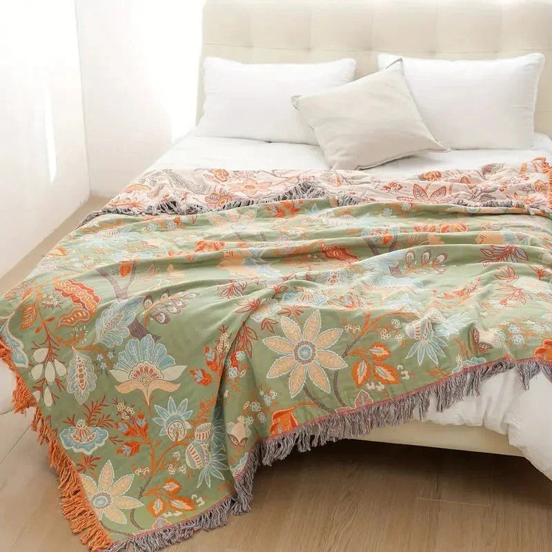 Boho Floral Cotton Blanket with Decorative Pattern