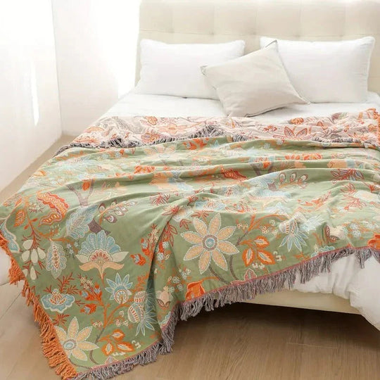 Boho Floral Cotton Blanket with Decorative Pattern