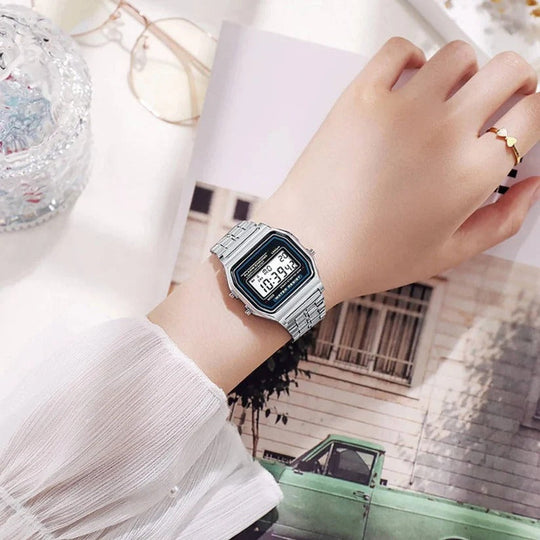 Vintage Style Unisex Digital Watch with Stainless Steel Band and LED Display