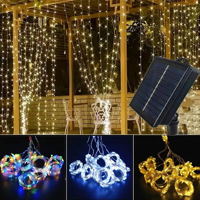 Solar Powered Outdoor Curtain Fairy String Lights for Garden and Patio