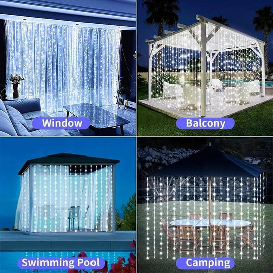 Solar Powered Outdoor Curtain Fairy String Lights for Garden and Patio
