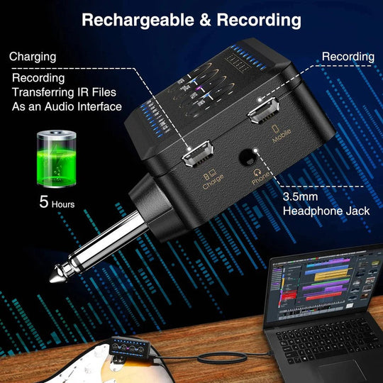 Mini Headphone Guitar Amplifier with 10 Preamps and USB Recording