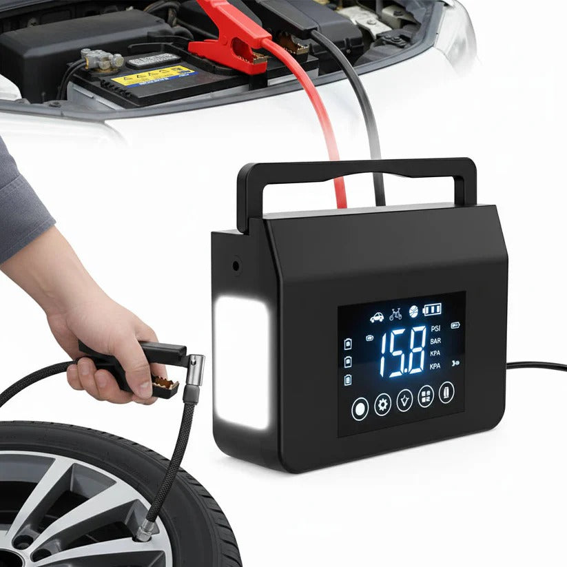 Portable Car Jump Starter with Built-In Tyre Air Compressor and Digital Screen