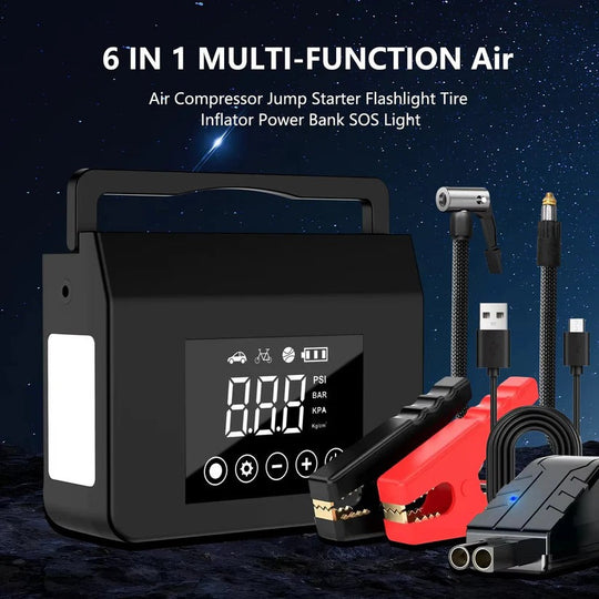 Portable Car Jump Starter with Built-In Tyre Air Compressor and Digital Screen