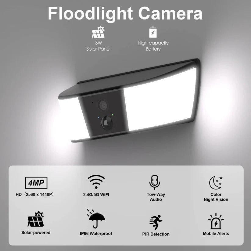 Wireless Solar Security Camera with Floodlight and PIR Motion Detection