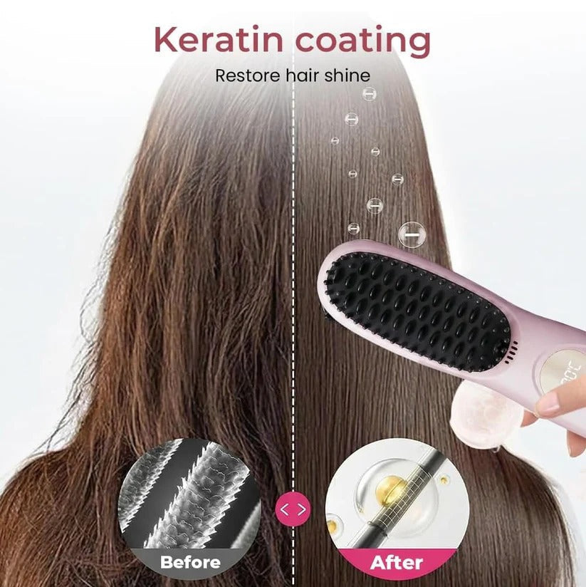 USB Rechargeable Heated Straightening Brush with LED Display and Adjustable Heat Settings