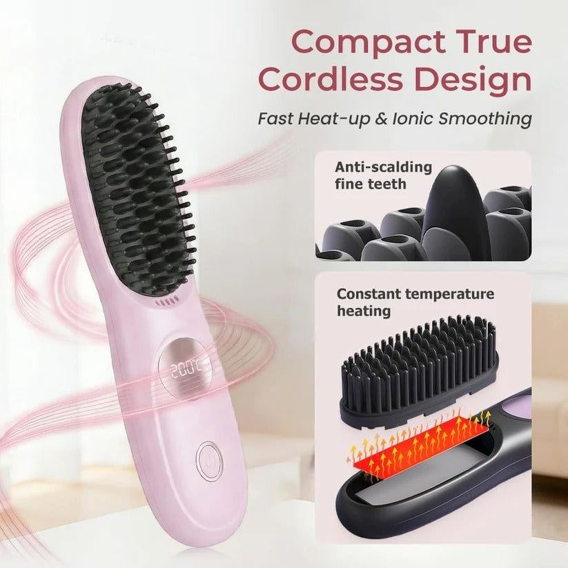 USB Rechargeable Heated Straightening Brush with LED Display and Adjustable Heat Settings