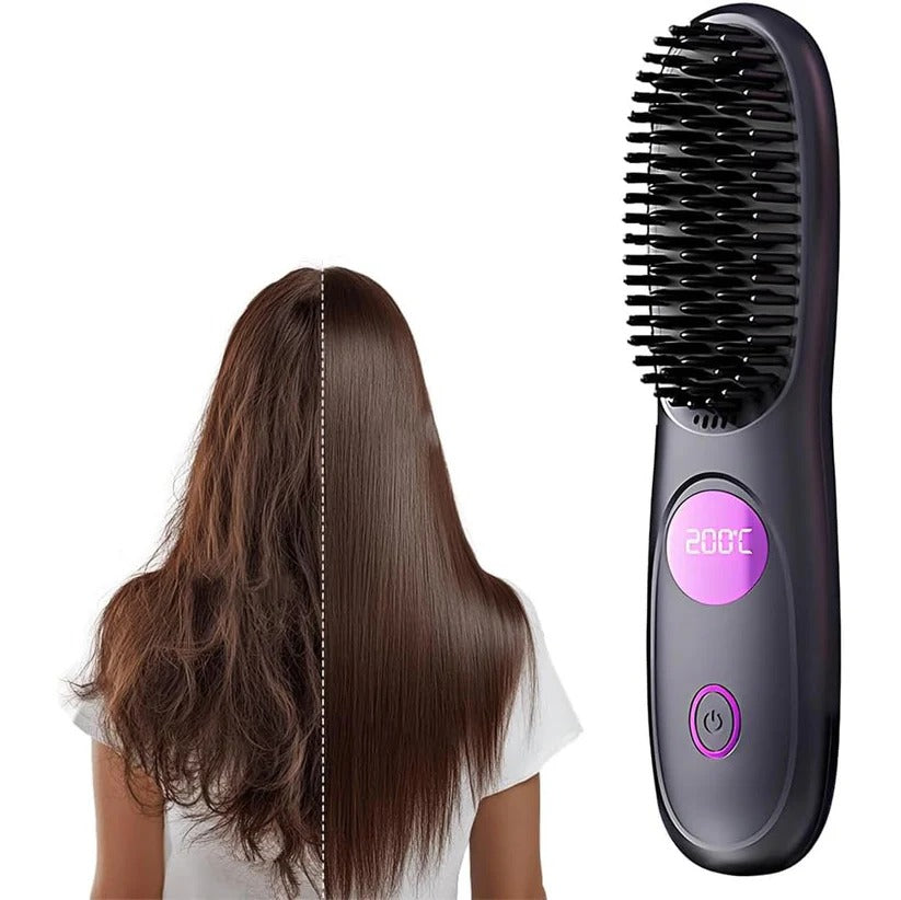 USB Rechargeable Heated Straightening Brush with LED Display and Adjustable Heat Settings
