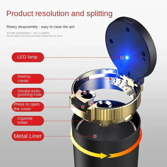 Portable Cup Holder Ashtray with LED Light, Lidded and Odour Resistant Design