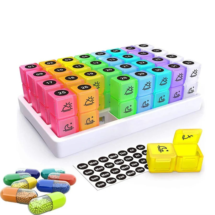 31 Day AM/PM Pill Organiser with Large Storage Case and Label Stickers for Daily Medication