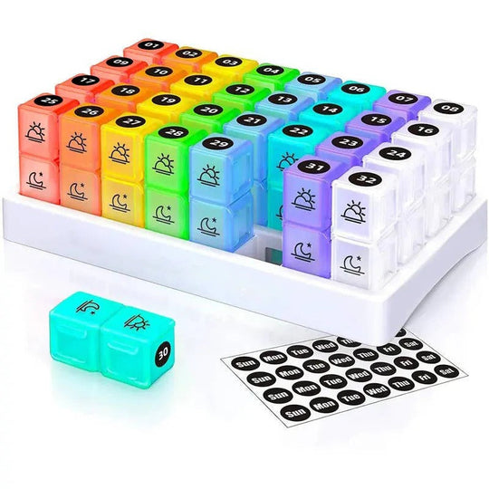31 Day AM/PM Pill Organiser with Large Storage Case and Label Stickers for Daily Medication