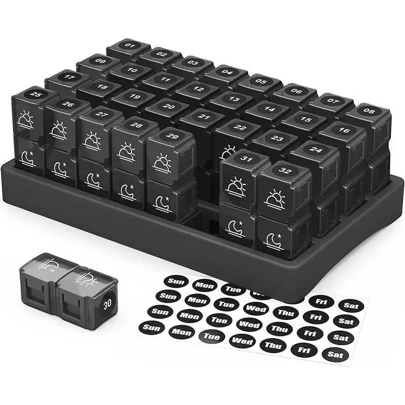 31 Day AM/PM Pill Organiser with Large Storage Case and Label Stickers for Daily Medication