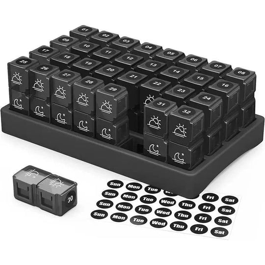 31 Day AM/PM Pill Organiser with Large Storage Case and Label Stickers for Daily Medication
