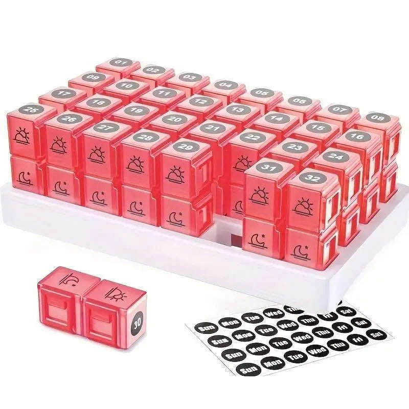 31 Day AM/PM Pill Organiser with Large Storage Case and Label Stickers for Daily Medication