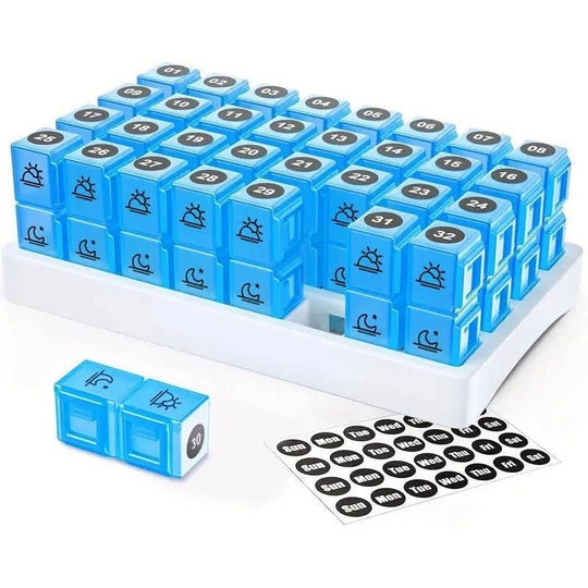31 Day AM/PM Pill Organiser with Large Storage Case and Label Stickers for Daily Medication