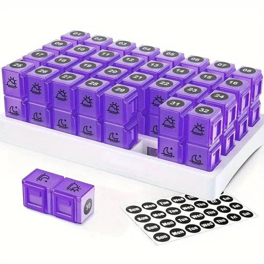 31 Day AM/PM Pill Organiser with Large Storage Case and Label Stickers for Daily Medication