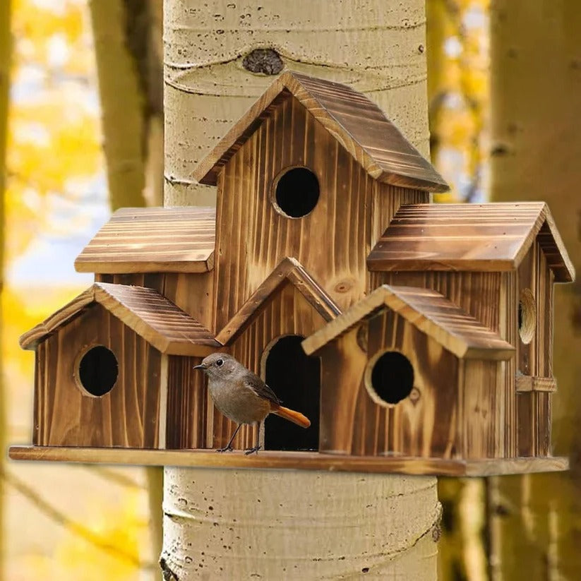 Hanging Wooden Bird House with Decorative Villa Design for Outdoor Gardens
