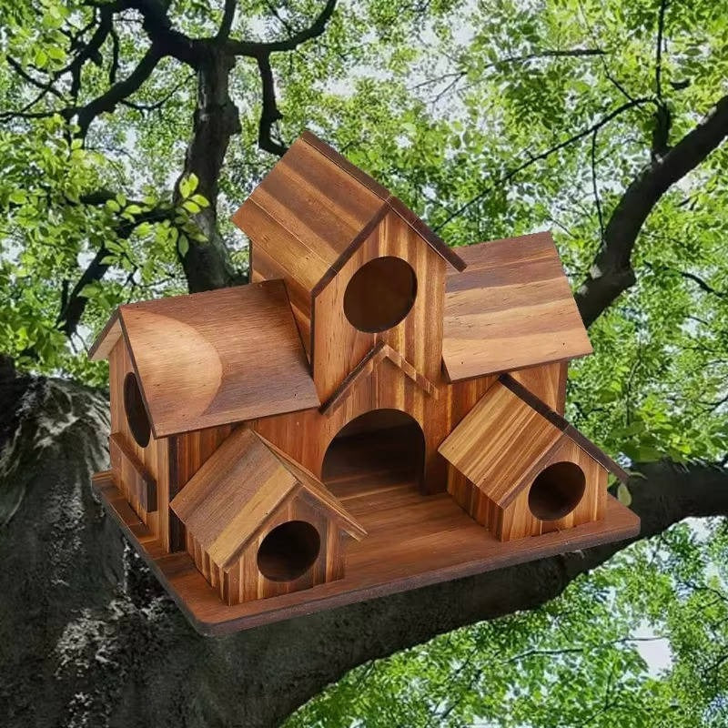 Hanging Wooden Bird House with Decorative Villa Design for Outdoor Gardens