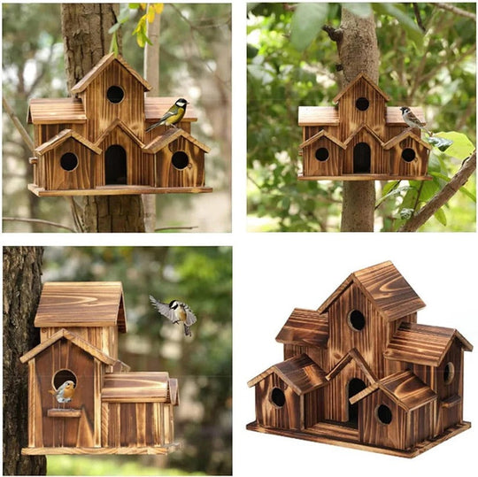 Hanging Wooden Bird House with Decorative Villa Design for Outdoor Gardens