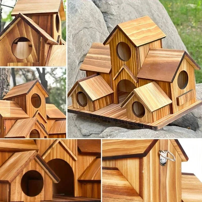 Hanging Wooden Bird House with Decorative Villa Design for Outdoor Gardens