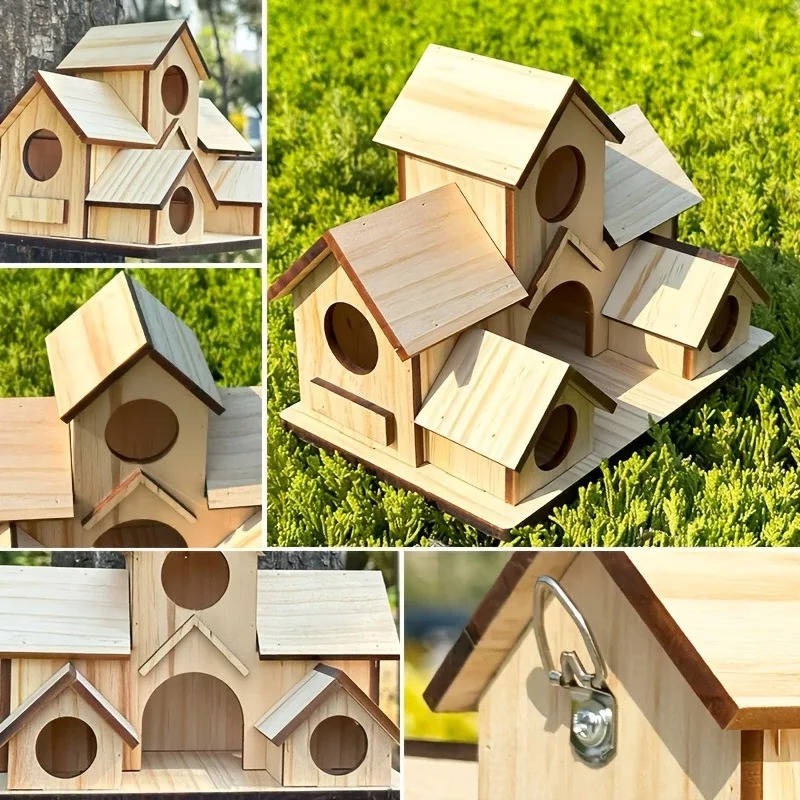 Hanging Wooden Bird House with Decorative Villa Design for Outdoor Gardens