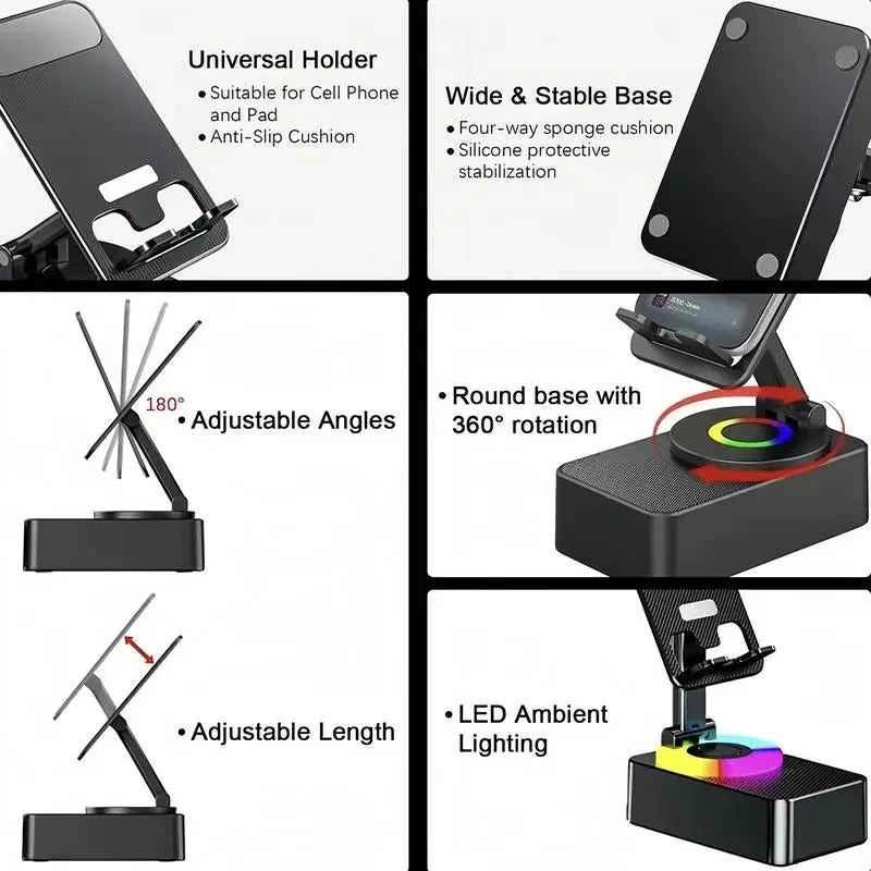 5-in-1 Wireless Bluetooth Speaker with Foldable Phone Stand and LED Lighting