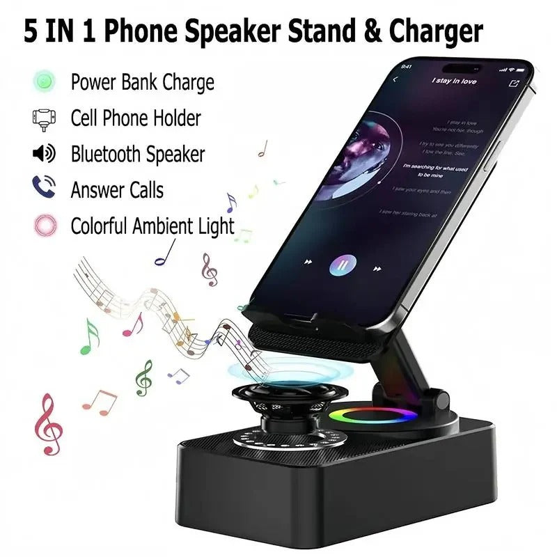 5-in-1 Wireless Bluetooth Speaker with Foldable Phone Stand and LED Lighting