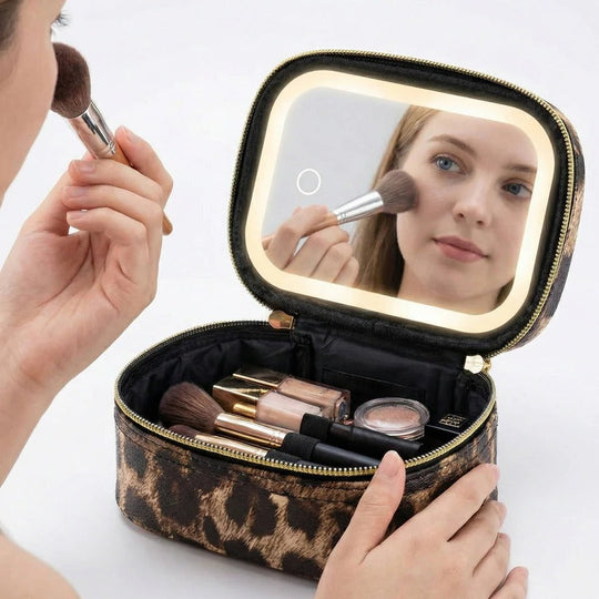 Portable Travel Cosmetic Case with Adjustable LED Mirror and Organiser