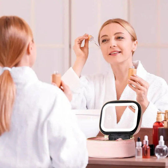 Portable Travel Cosmetic Case with Adjustable LED Mirror and Organiser