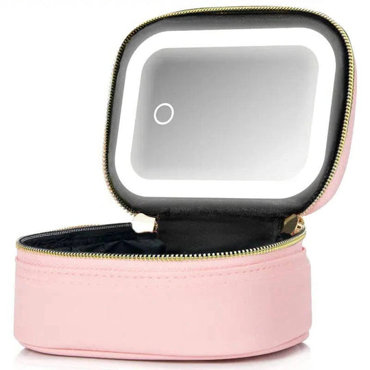 Portable Travel Cosmetic Case with Adjustable LED Mirror and Organiser