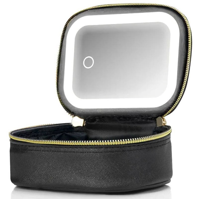 Portable Travel Cosmetic Case with Adjustable LED Mirror and Organiser